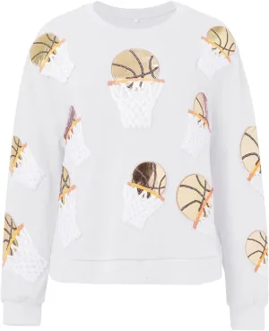 Womens Cropped Sweatshirt Sparkle Basketball Hoop Sequin Print Pullover Tops Crewneck Oversized Long Sleeve Jumpers