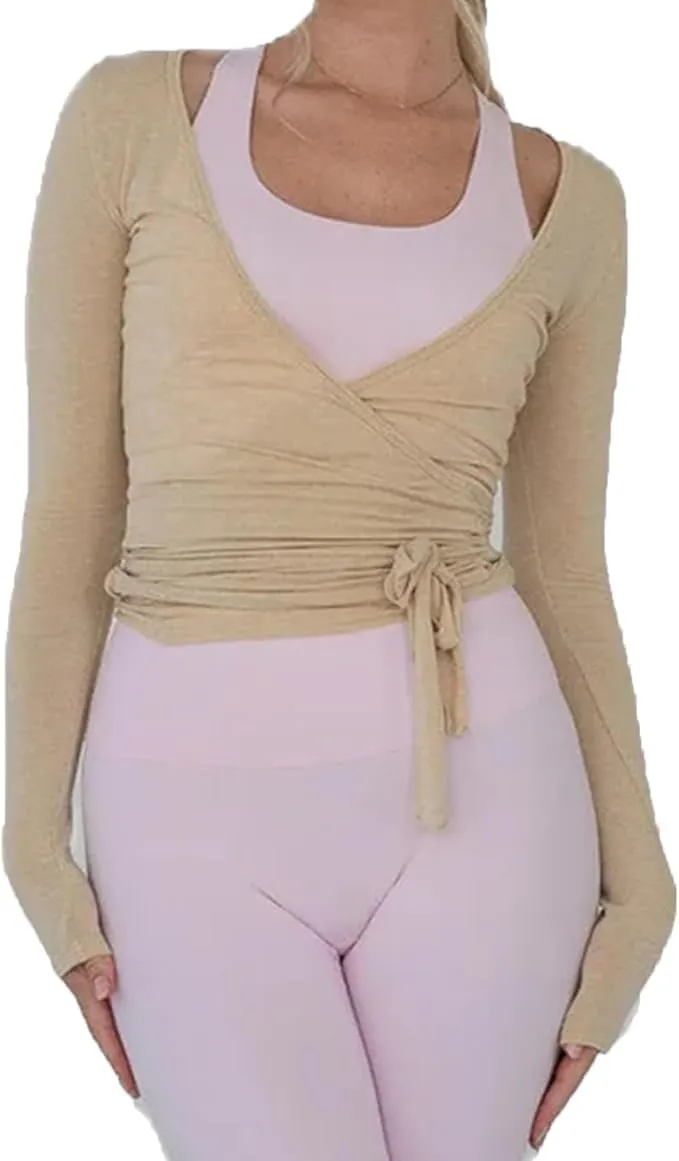 Womens Deep V Neck Cross Wrap Tie Tops Long Sleeve Slim Fit T-Shirts Workout Blouses