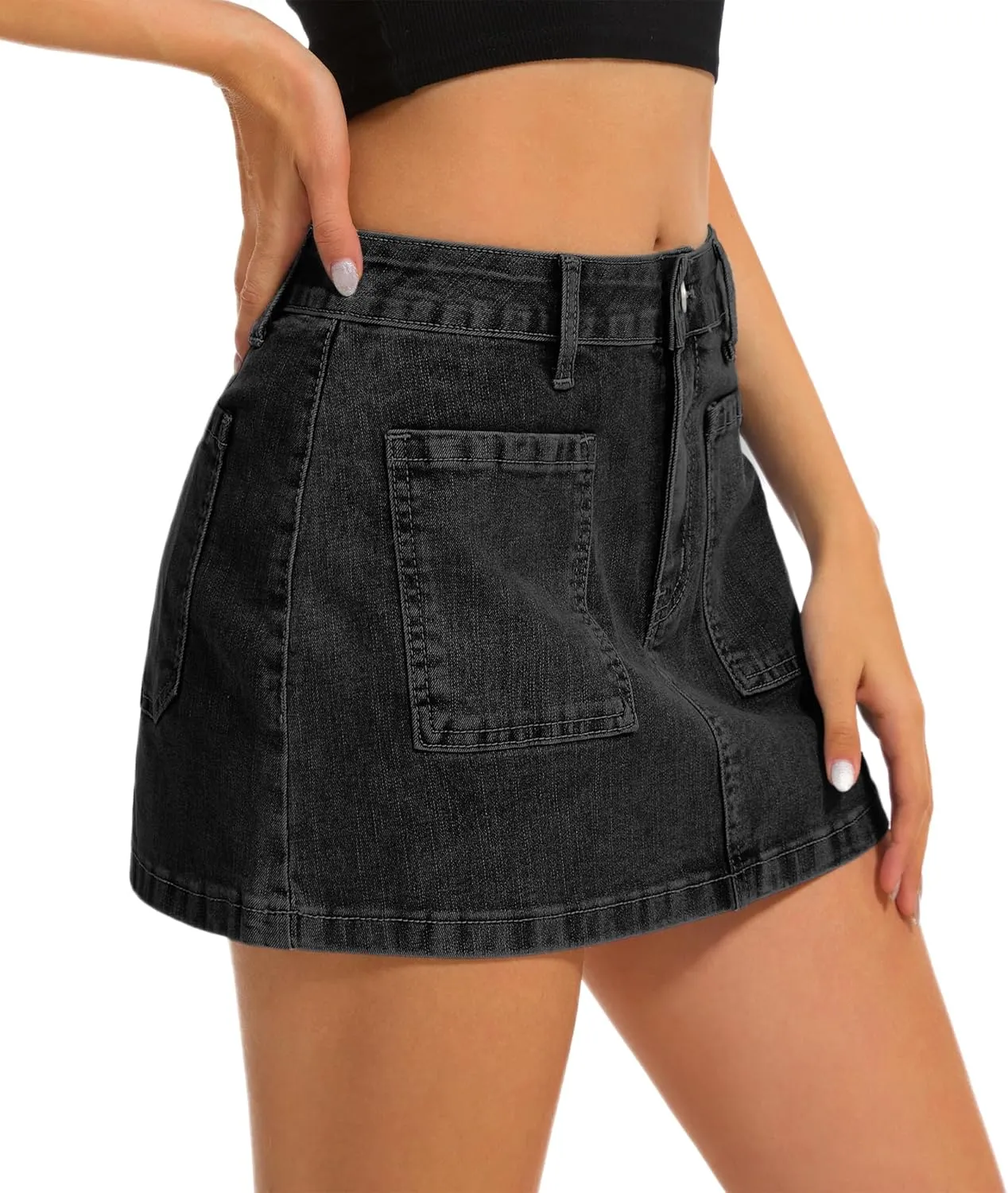 Womens Denim Mini Skirt Stretch Mid Waist Trendy Button Y2k Jean Skirts with Front Pockets