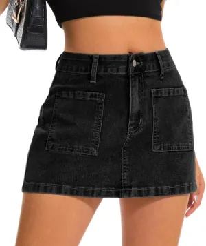 Womens Denim Mini Skirt Stretch Mid Waist Trendy Button Y2k Jean Skirts with Front Pockets