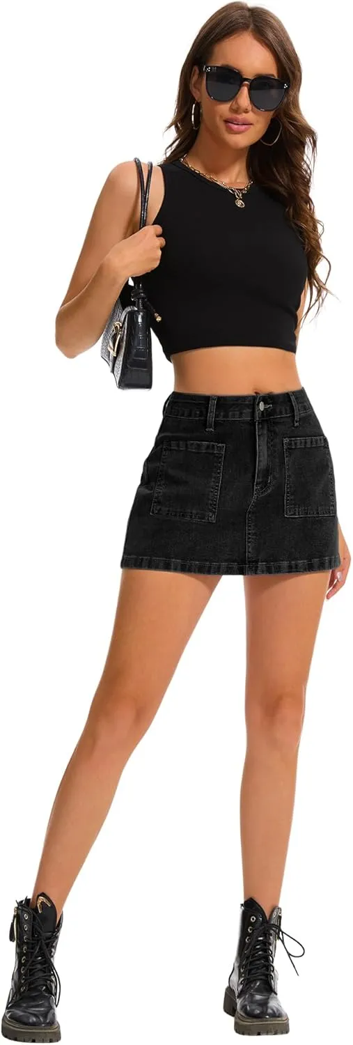 Womens Denim Mini Skirt Stretch Mid Waist Trendy Button Y2k Jean Skirts with Front Pockets