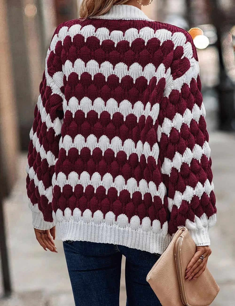 Women's Fall Long Lantern Sleeve Open Front Cardigan Striped Color Block Chunky Knit Sweater Coats Outwear