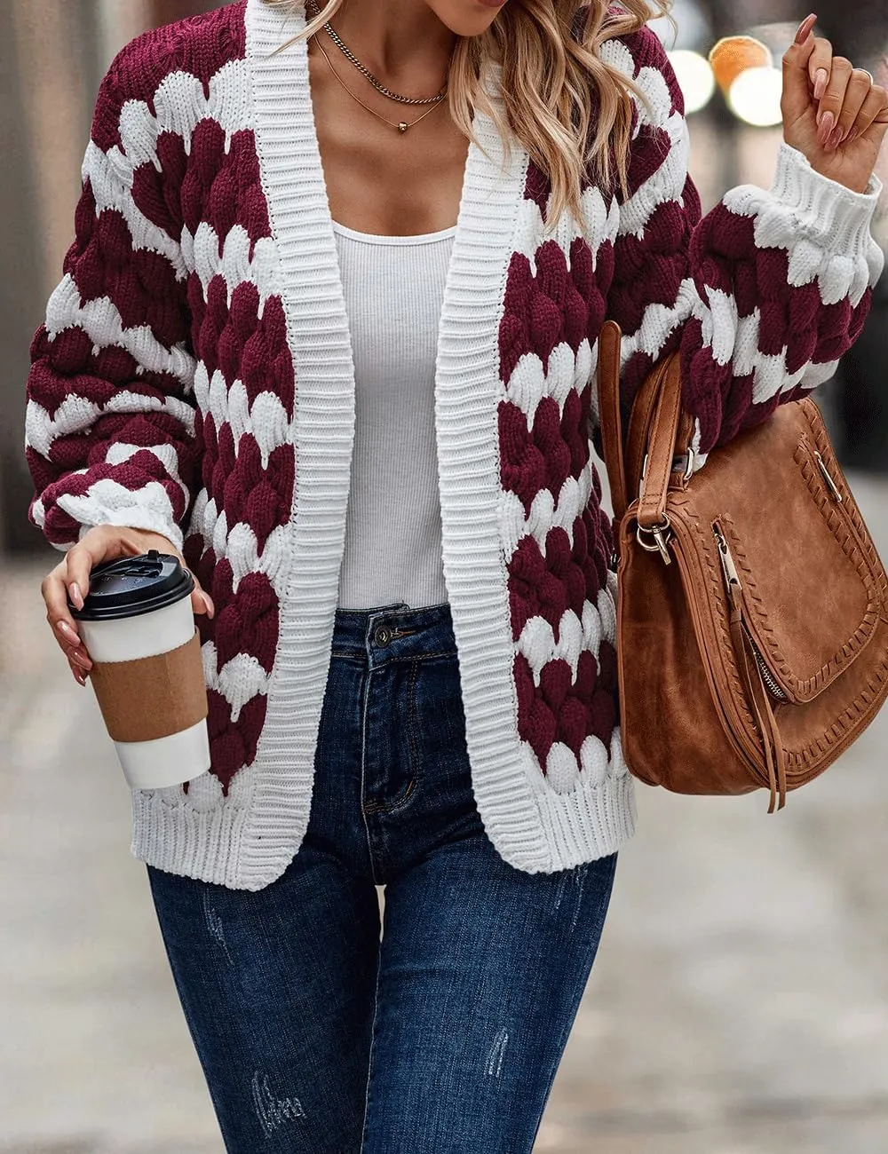 Women's Fall Long Lantern Sleeve Open Front Cardigan Striped Color Block Chunky Knit Sweater Coats Outwear