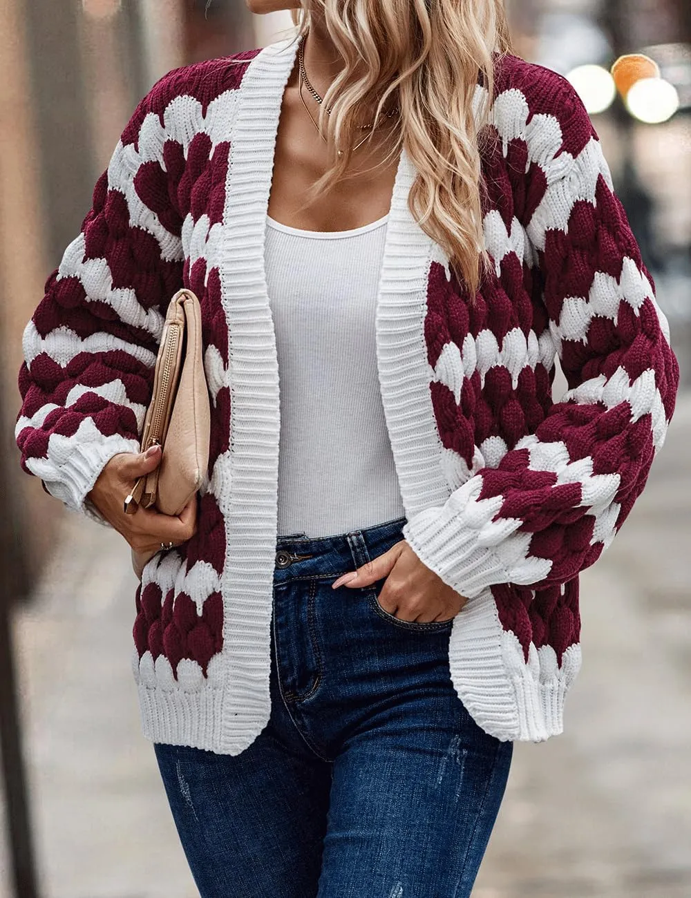 Women's Fall Long Lantern Sleeve Open Front Cardigan Striped Color Block Chunky Knit Sweater Coats Outwear