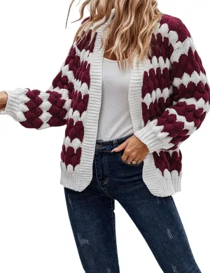 Women's Fall Long Lantern Sleeve Open Front Cardigan Striped Color Block Chunky Knit Sweater Coats Outwear