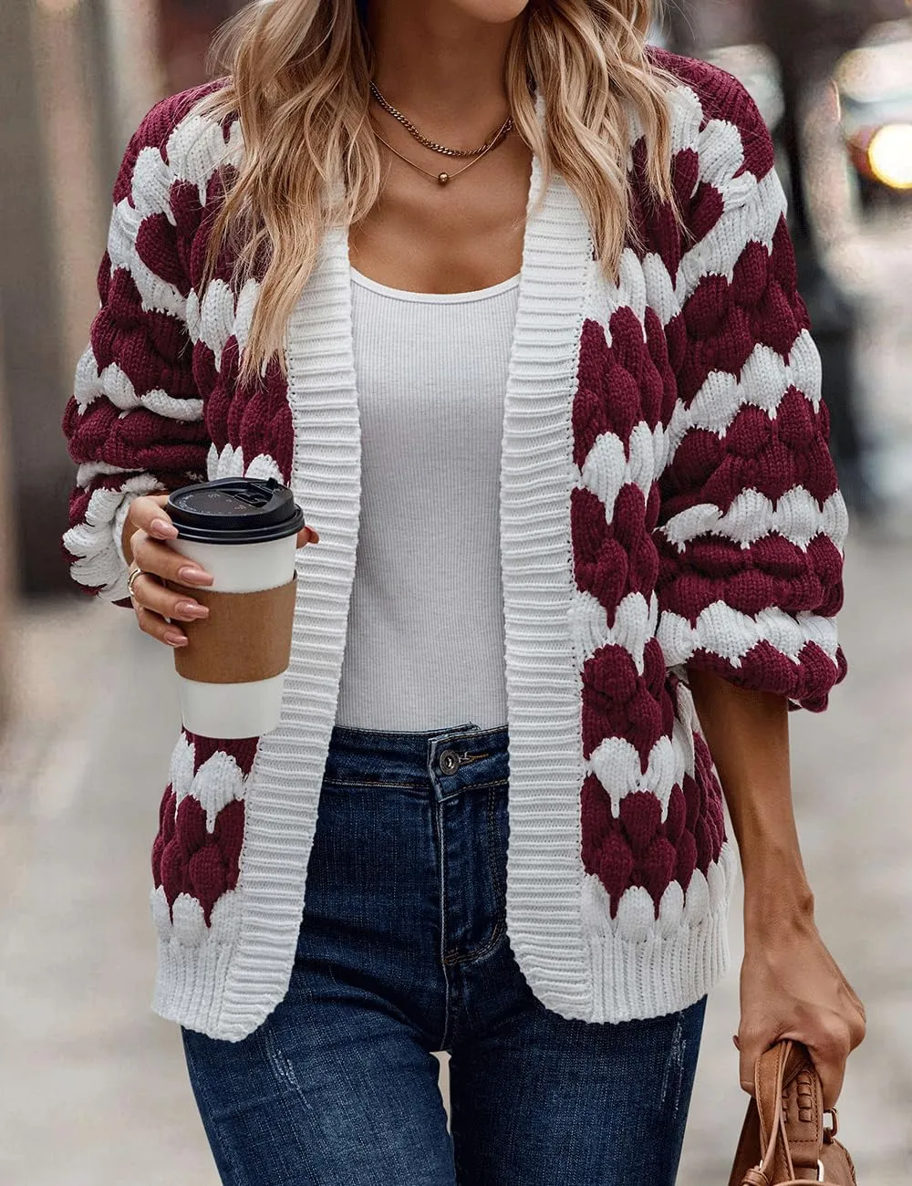 Women's Fall Long Lantern Sleeve Open Front Cardigan Striped Color Block Chunky Knit Sweater Coats Outwear