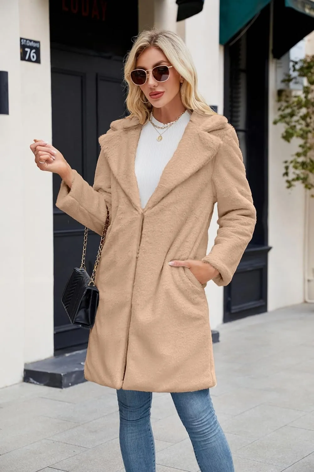 Women's Faux Fur Coat Teddy Fuzzy Fleece Open Front Cardigan Elegant Lapel Collar Long Sleeve Longline Loose Jacket