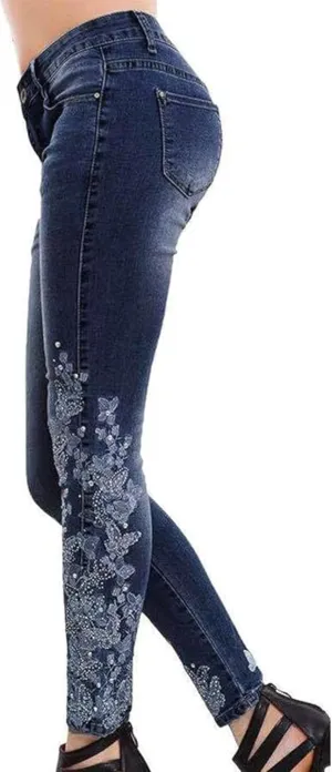 Women's Floral Embroidered Skinny Jeans Mid Rise Print Slim Fit Denim Pants Stretch Flowers Jean Trousers Leggings (Blue,X-Large)