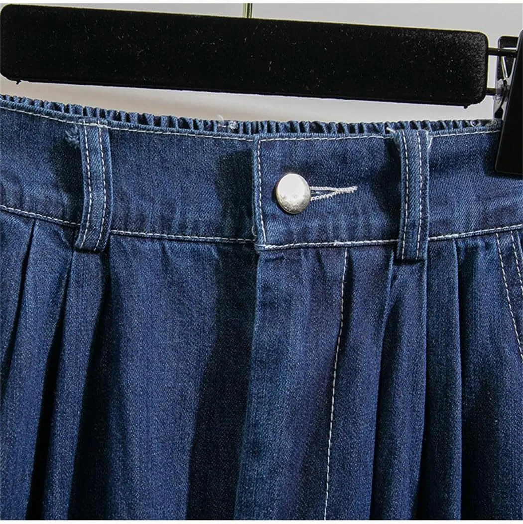 Women's High Elastic Waist Denim Skirt Korean Fashion Plus Size A Line Midi Jeans Skirts