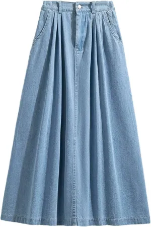 Women's High Elastic Waist Denim Skirt Korean Fashion Plus Size A Line Midi Jeans Skirts