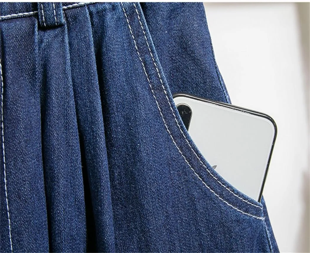 Women's High Elastic Waist Denim Skirt Korean Fashion Plus Size A Line Midi Jeans Skirts