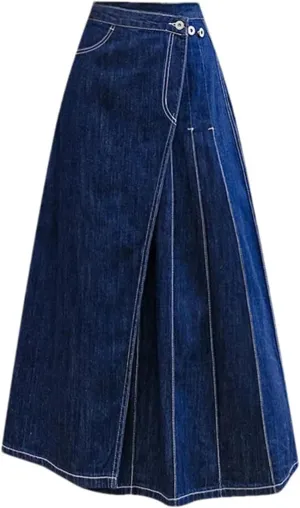 Women's High Waist Button Front Split Denim Skirt Pleated A-Line Midi Jean Skirt