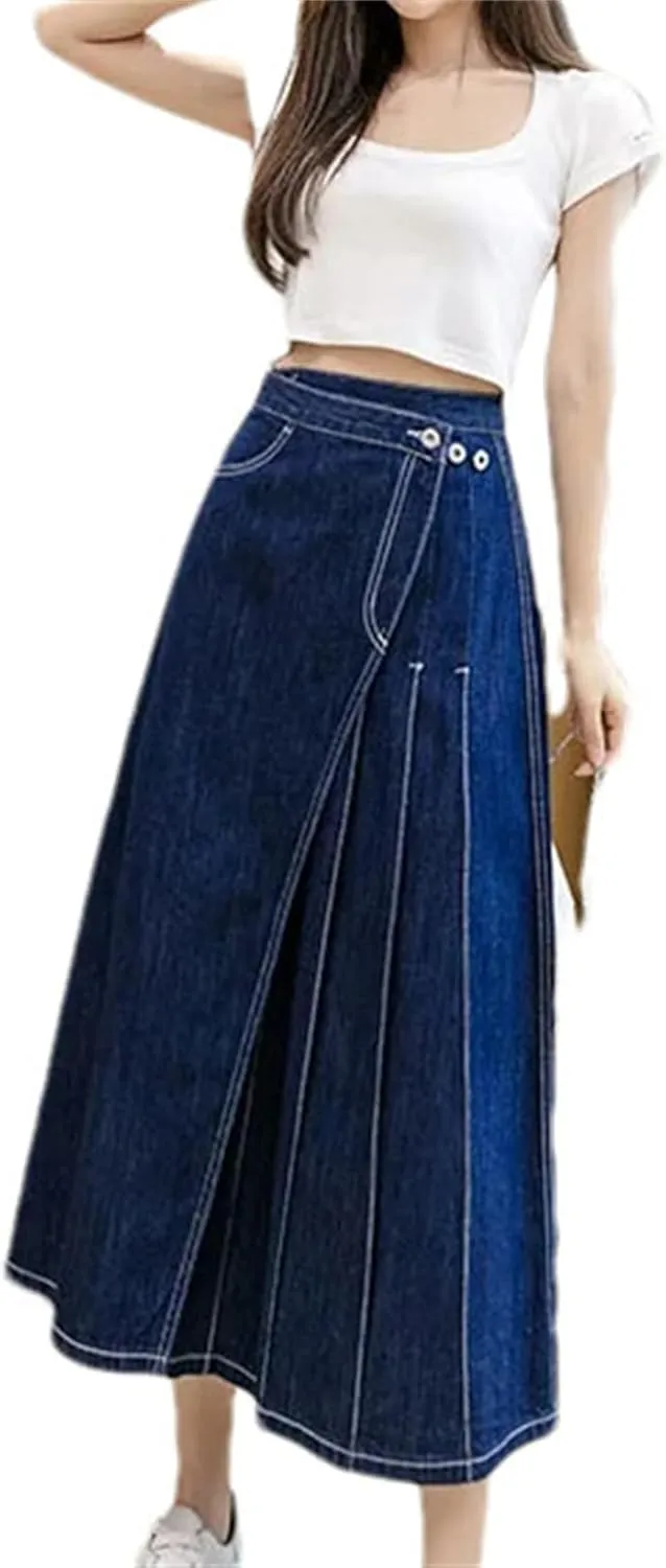 Women's High Waist Button Front Split Denim Skirt Pleated A-Line Midi Jean Skirt