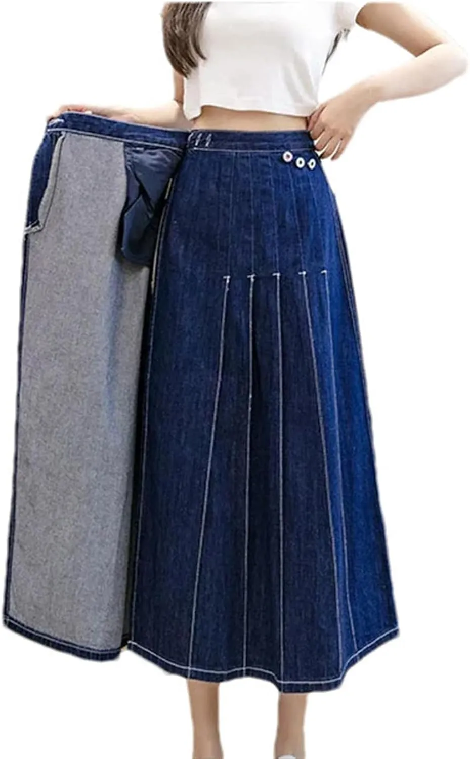 Women's High Waist Button Front Split Denim Skirt Pleated A-Line Midi Jean Skirt