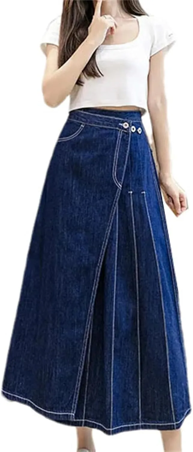 Women's High Waist Button Front Split Denim Skirt Pleated A-Line Midi Jean Skirt
