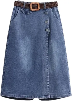 Women's High Waist Slim Fit Denim Skirt Spring Summer Vintage Side Slit A-Line Midi Dress