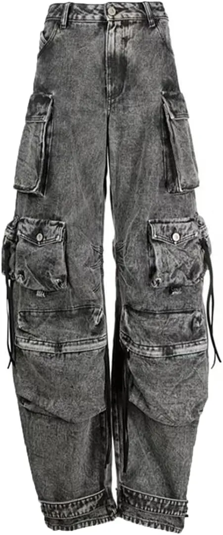 Womens High Waisted Baggy Cargo Jeans Straight Wide Leg Y2K Cargo Denim Pants with Flap Pockets
