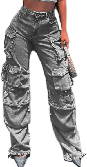 Womens High Waisted Baggy Cargo Jeans Straight Wide Leg Y2K Cargo Denim Pants with Flap Pockets