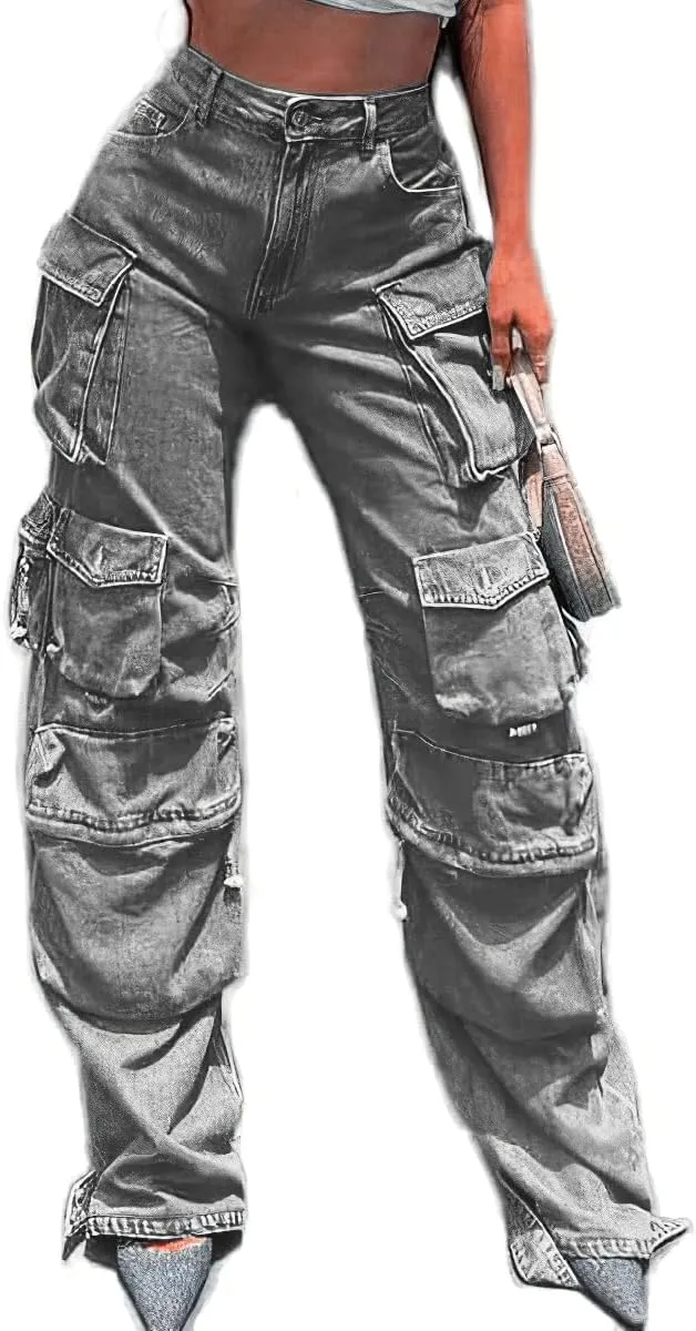 Womens High Waisted Baggy Cargo Jeans Straight Wide Leg Y2K Cargo Denim Pants with Flap Pockets