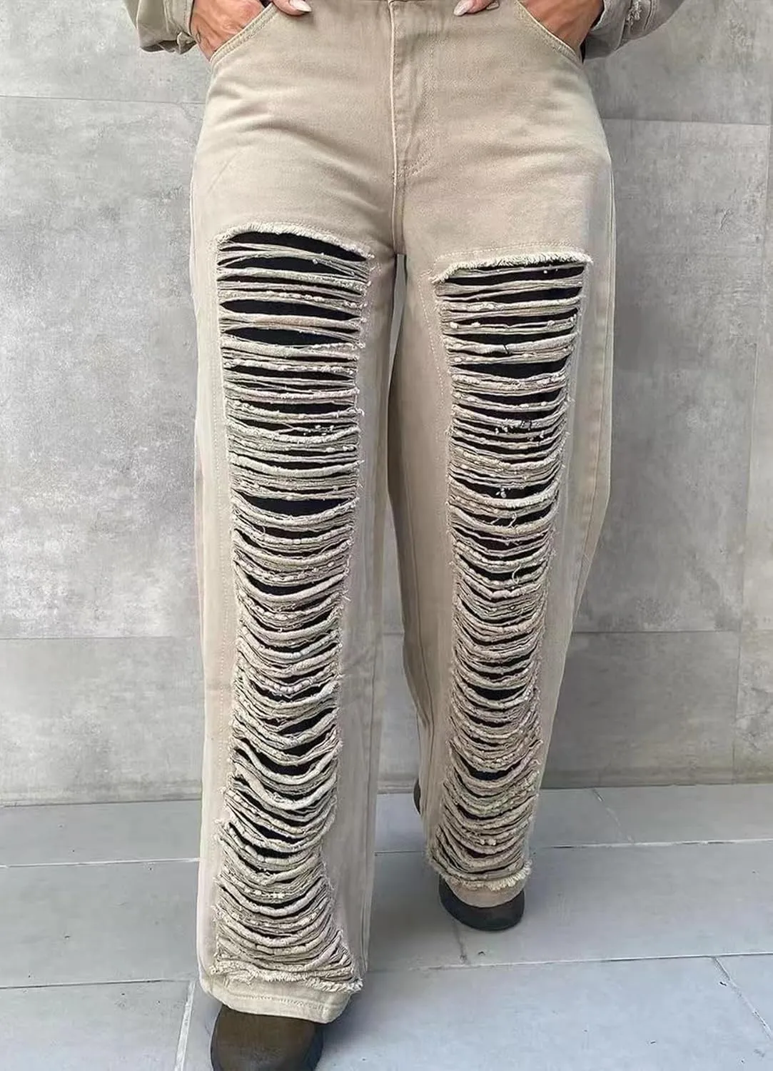 Women's High Waisted Ripped Boyfriend Jeans Casual Baggy Straight Leg Mom Denim Pants with Pockets
