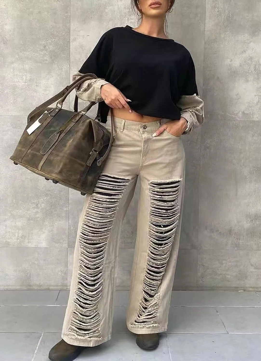 Women's High Waisted Ripped Boyfriend Jeans Casual Baggy Straight Leg Mom Denim Pants with Pockets