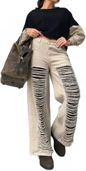 Women's High Waisted Ripped Boyfriend Jeans Casual Baggy Straight Leg Mom Denim Pants with Pockets
