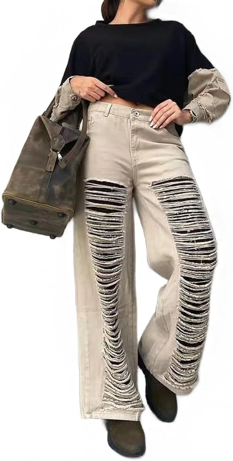 Women's High Waisted Ripped Boyfriend Jeans Casual Baggy Straight Leg Mom Denim Pants with Pockets