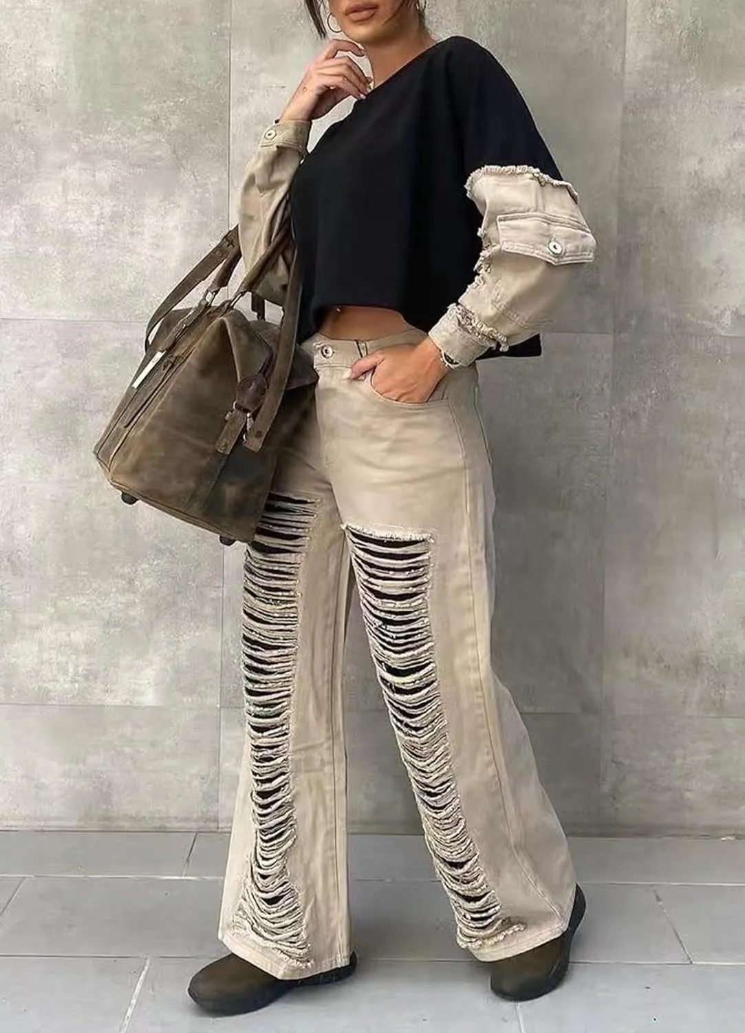 Women's High Waisted Ripped Boyfriend Jeans Casual Baggy Straight Leg Mom Denim Pants with Pockets