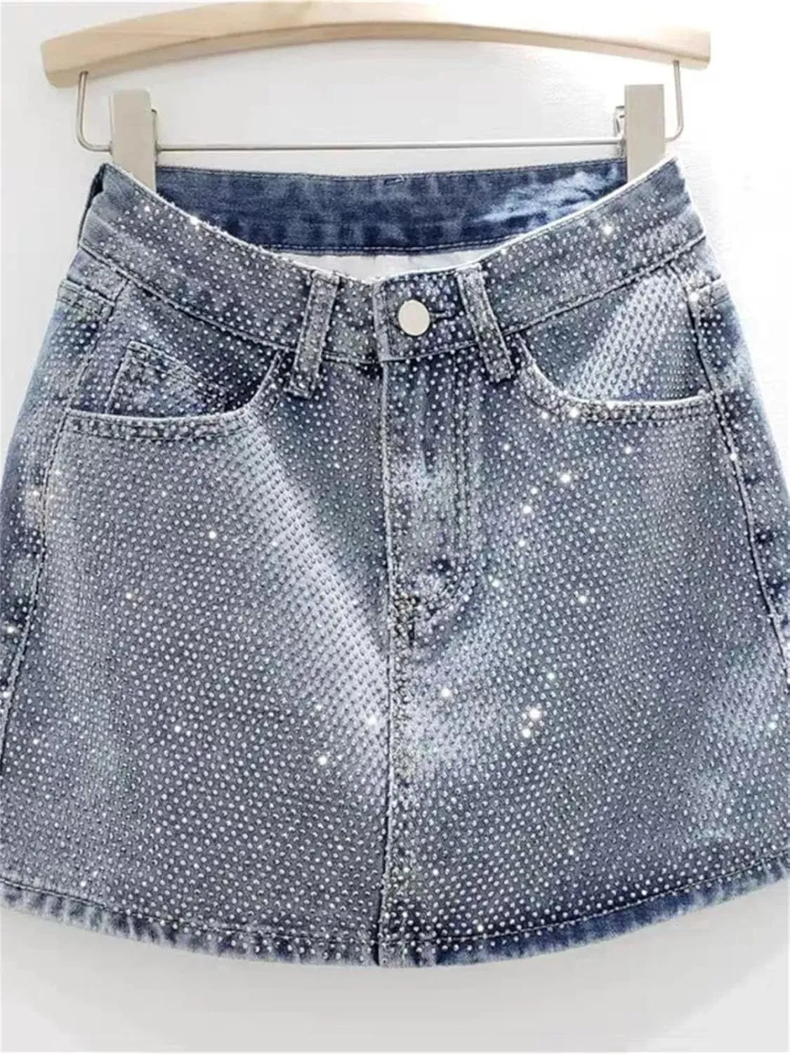 Women's High Waisted Trendy Rivet Denim Skirt Spring Summer All Match A Line Mini Jean Skirts