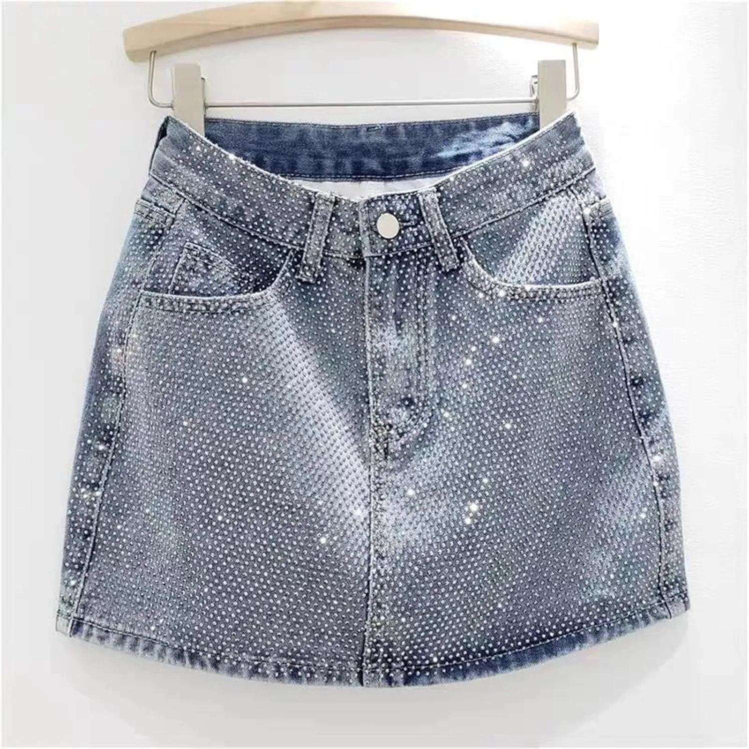 Women's High Waisted Trendy Rivet Denim Skirt Spring Summer All Match A Line Mini Jean Skirts