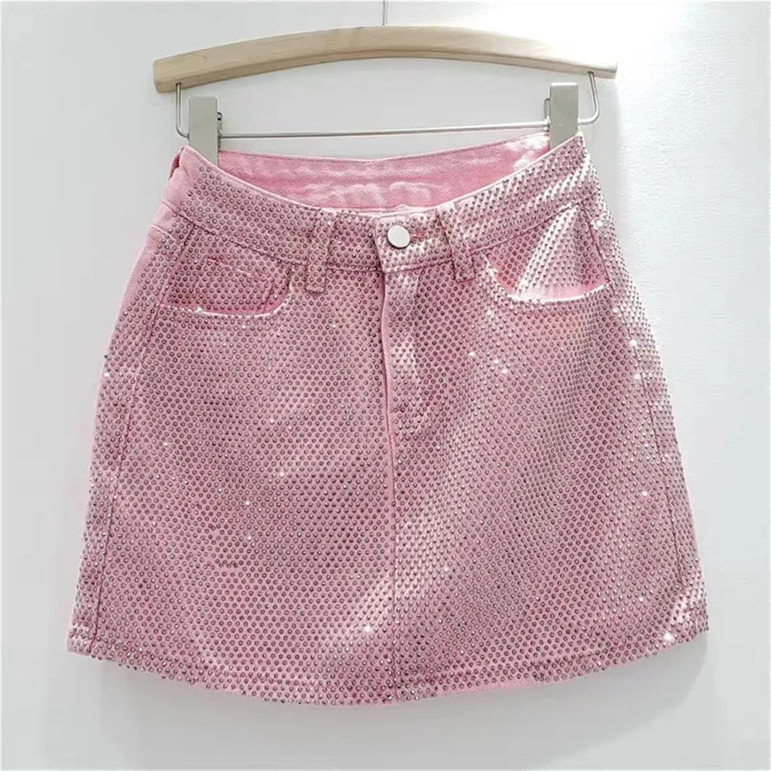 Women's High Waisted Trendy Rivet Denim Skirt Spring Summer All Match A Line Mini Jean Skirts