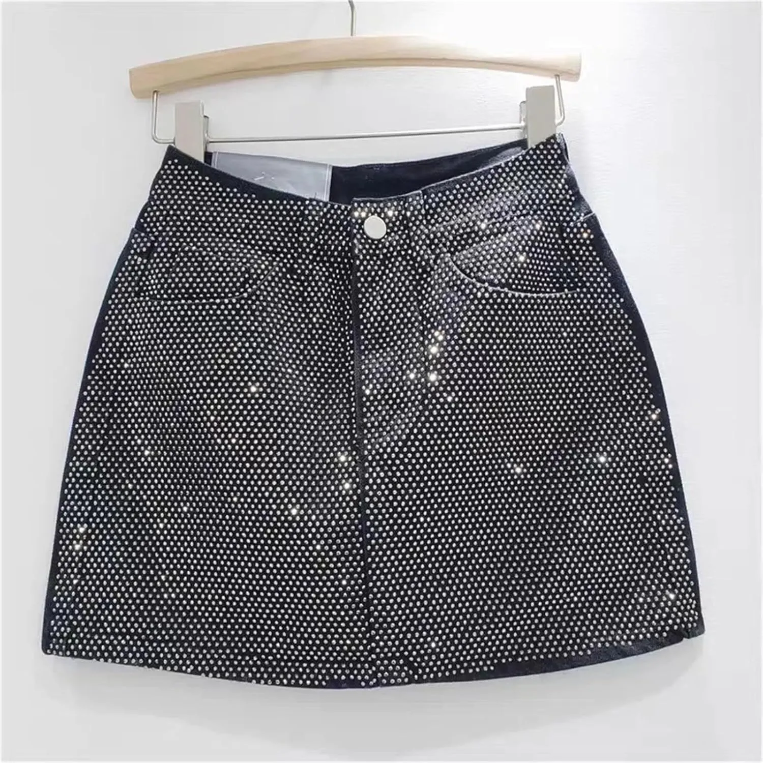 Women's High Waisted Trendy Rivet Denim Skirt Spring Summer All Match A Line Mini Jean Skirts