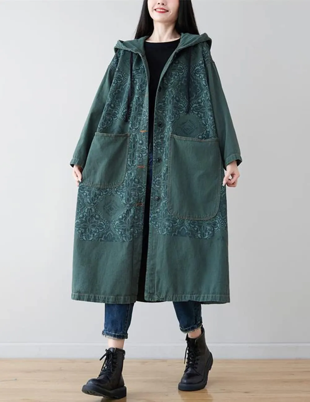 Women's Hoodie Long Jean Jacket Plus Size Loose Long Sleeve Button Down Denim Jacket Trench Coat
