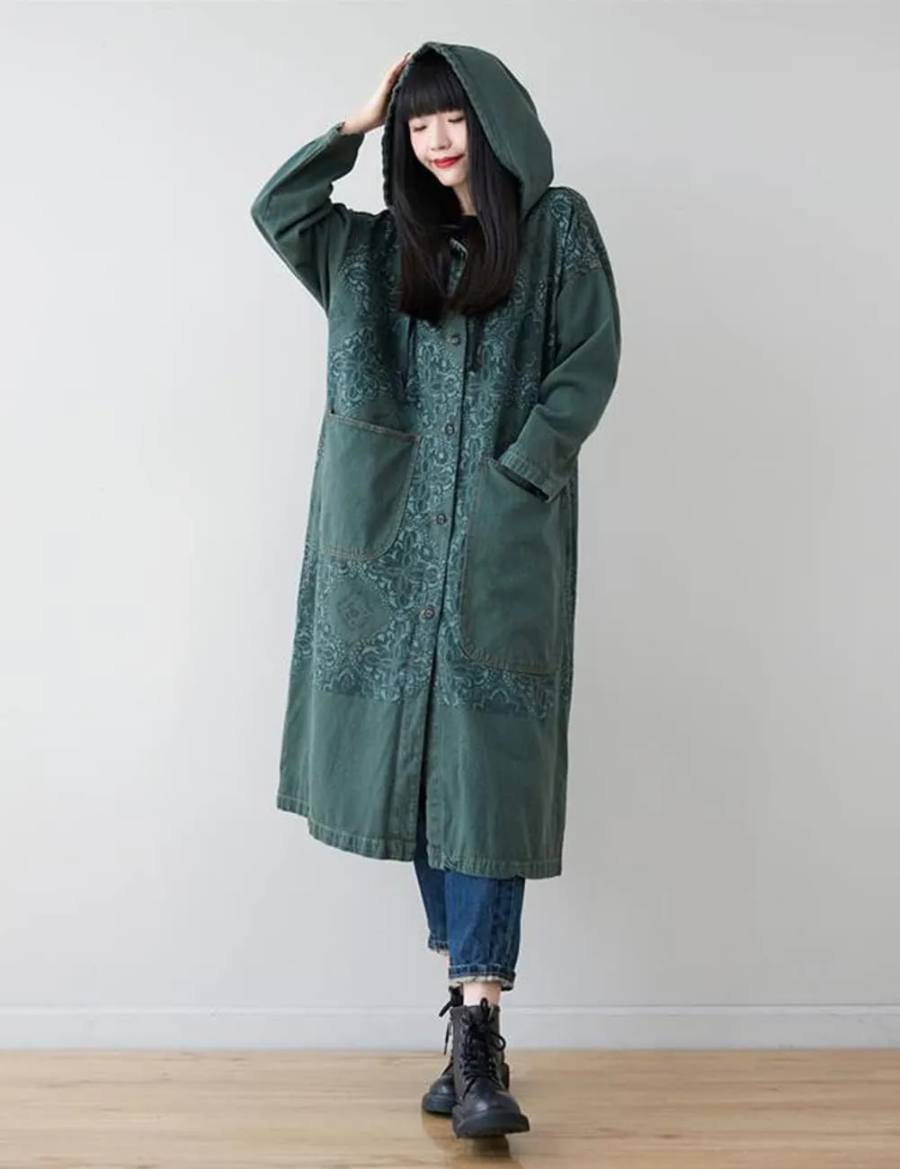 Women's Hoodie Long Jean Jacket Plus Size Loose Long Sleeve Button Down Denim Jacket Trench Coat