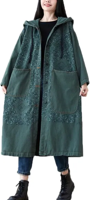 Women's Hoodie Long Jean Jacket Plus Size Loose Long Sleeve Button Down Denim Jacket Trench Coat