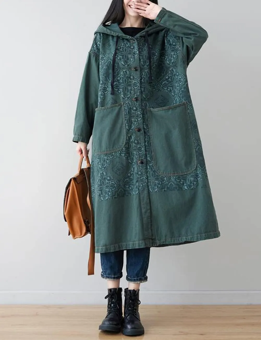 Women's Hoodie Long Jean Jacket Plus Size Loose Long Sleeve Button Down Denim Jacket Trench Coat