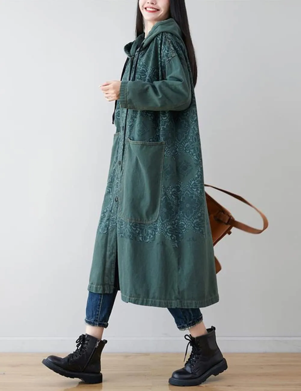 Women's Hoodie Long Jean Jacket Plus Size Loose Long Sleeve Button Down Denim Jacket Trench Coat