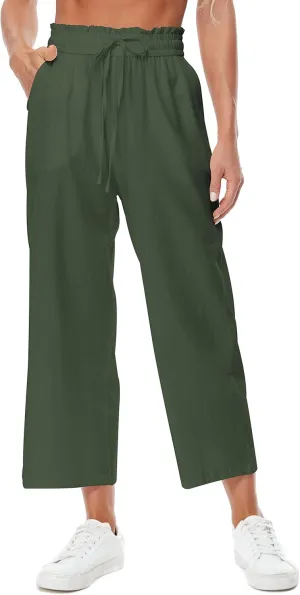 Womens Linen Pants Wide Leg High Waisted Drawstring Casual Flowy Pants with Pockets