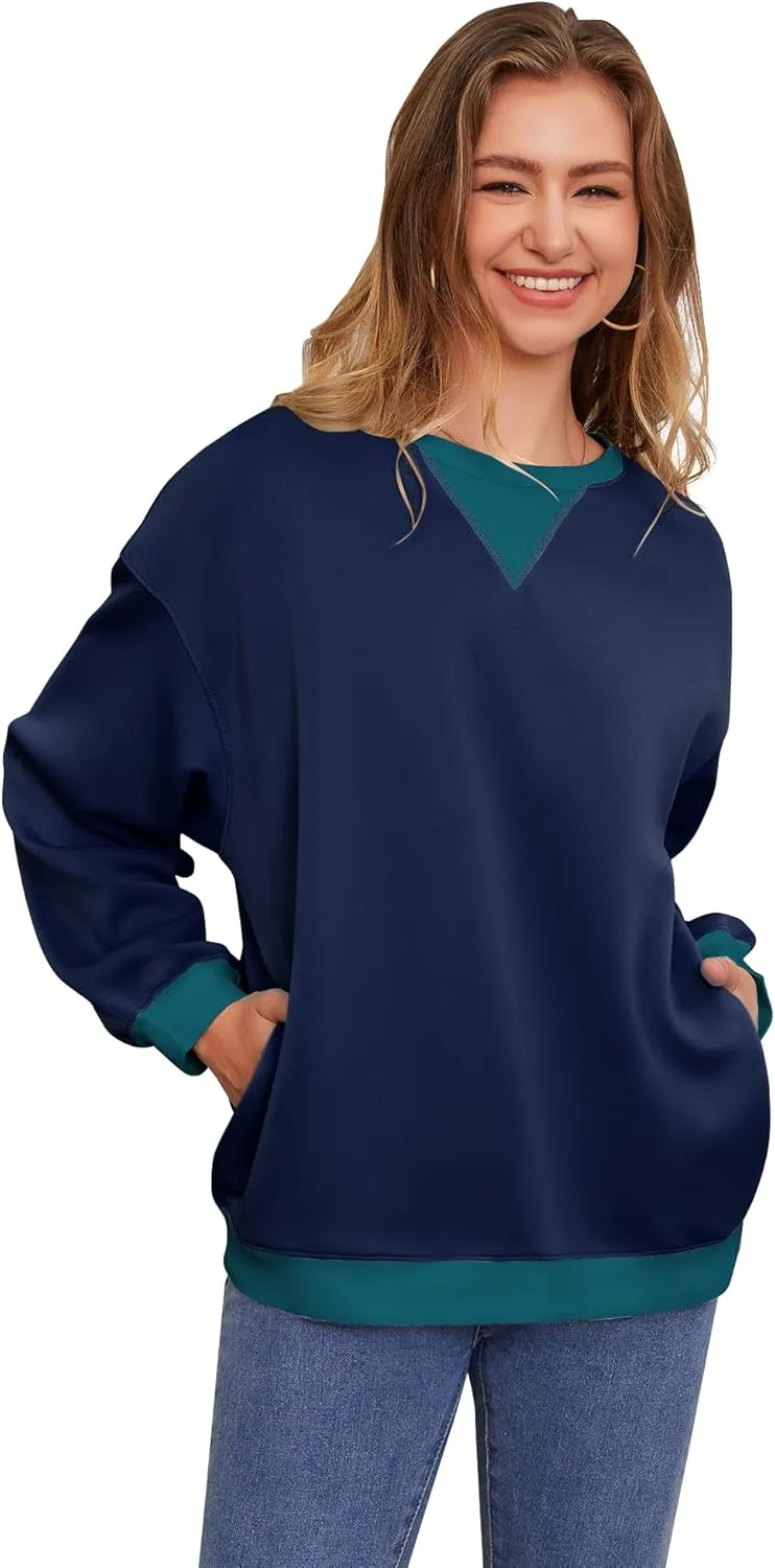 Womens Long Sleeve Color Block Sweatshirts Y2K Crew Neck Oversized Pullover Fall Sweaters Tops with Two Pockets