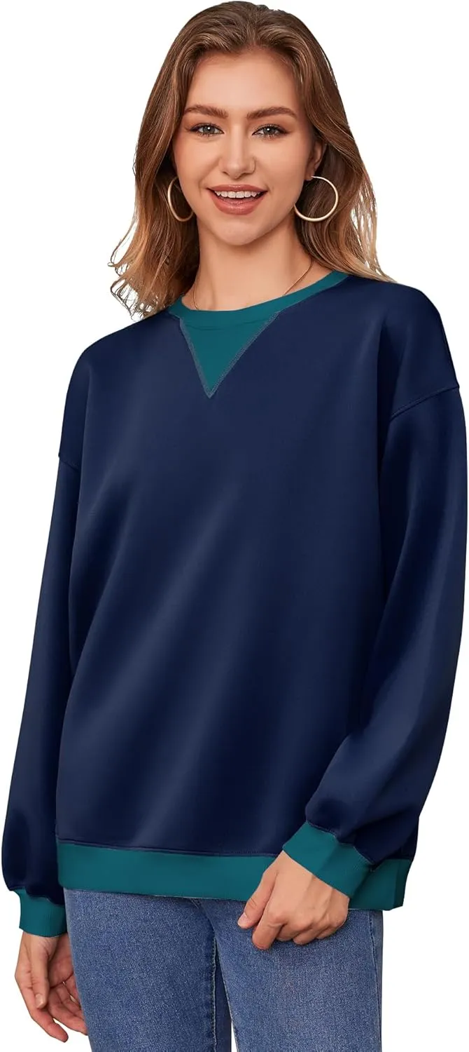 Womens Long Sleeve Color Block Sweatshirts Y2K Crew Neck Oversized Pullover Fall Sweaters Tops with Two Pockets