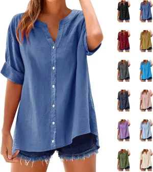 Women's Oversized Button Down Shirts Summer Cotton Linen Blouse V-Neck Short Sleeve Loose Tunic Tops Office Work Tees