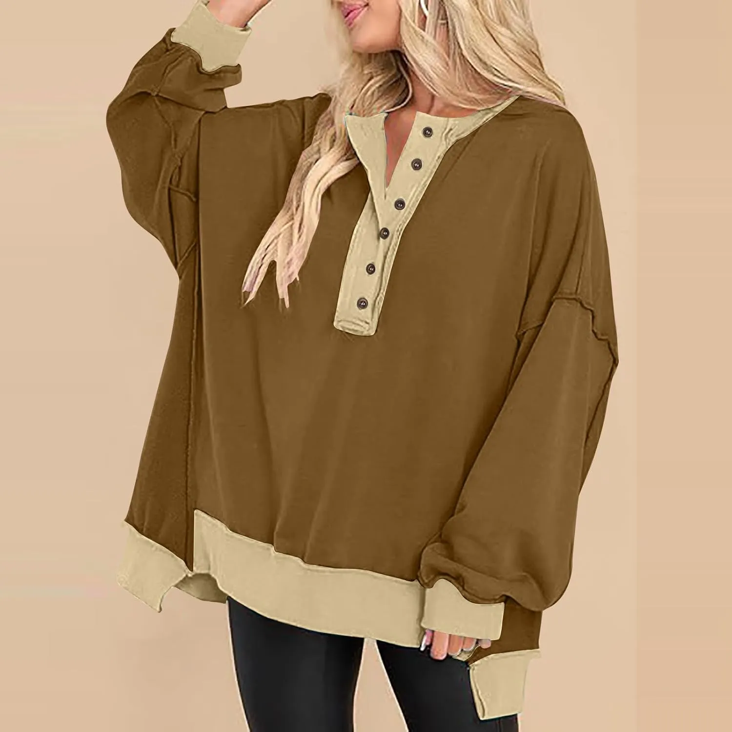 Women's Oversized Sweatshirt Casual Long Sleeve Button Henley Neck Pullover Tunic Tops Outfits Spring Fall Pullover