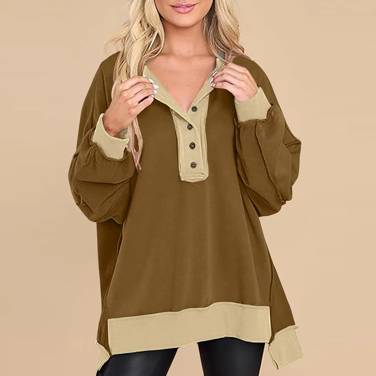 Women's Oversized Sweatshirt Casual Long Sleeve Button Henley Neck Pullover Tunic Tops Outfits Spring Fall Pullover