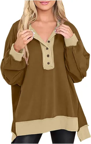 Women's Oversized Sweatshirt Casual Long Sleeve Button Henley Neck Pullover Tunic Tops Outfits Spring Fall Pullover