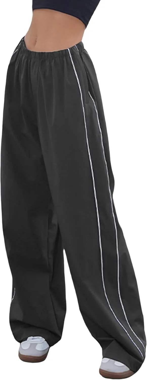 Women's Parachute Pants Baggy Track Y2K Black Elastic Waist Wide Leg Trousers