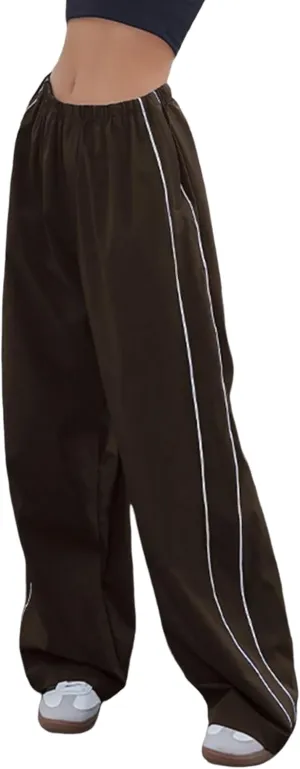 Women's Parachute Pants Baggy Track Y2K Black Elastic Waist Wide Leg Trousers
