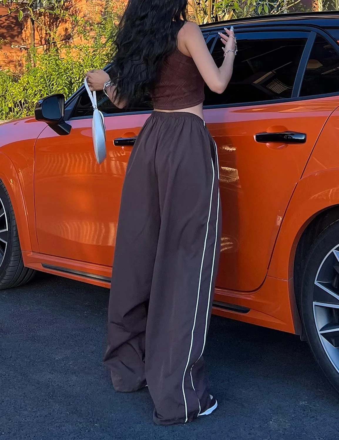 Women's Parachute Pants Baggy Track Y2K Black Elastic Waist Wide Leg Trousers