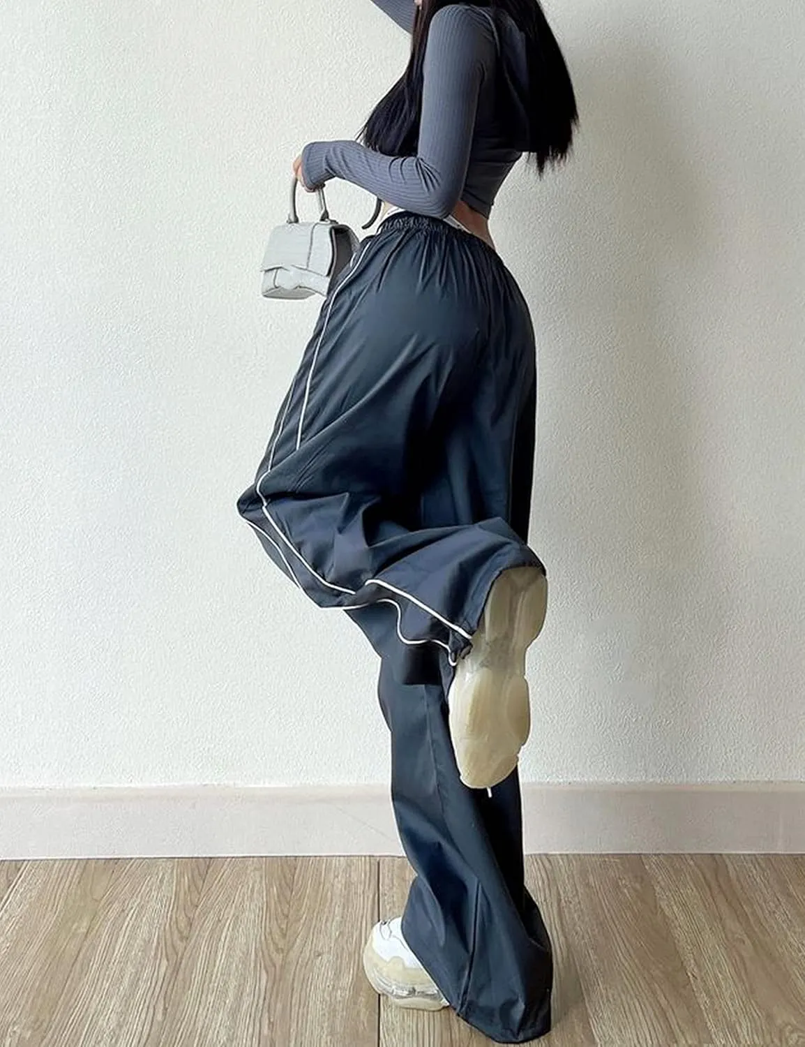 Women's Parachute Pants Baggy Track Y2K Black Elastic Waist Wide Leg Trousers