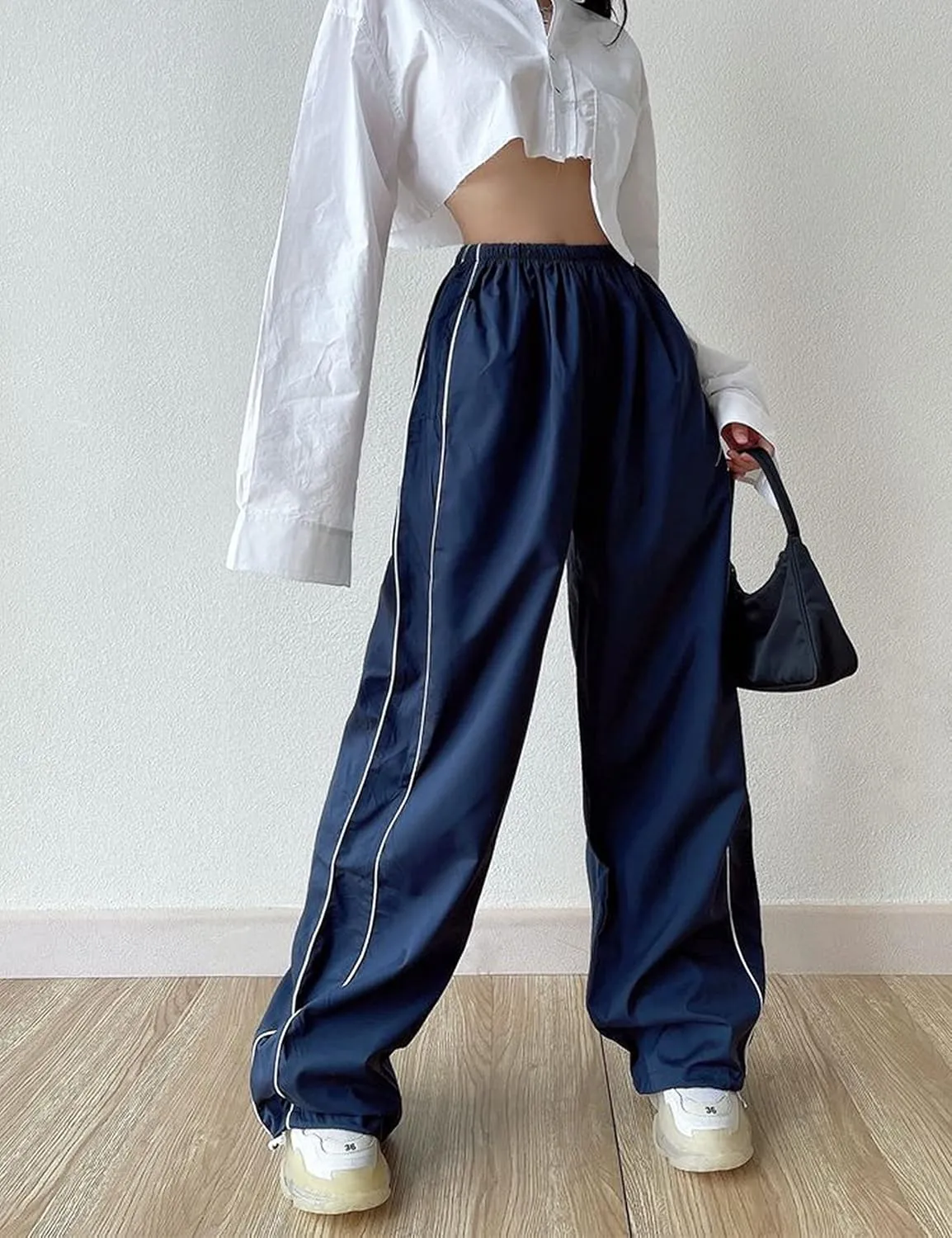 Women's Parachute Pants Baggy Track Y2K Black Elastic Waist Wide Leg Trousers