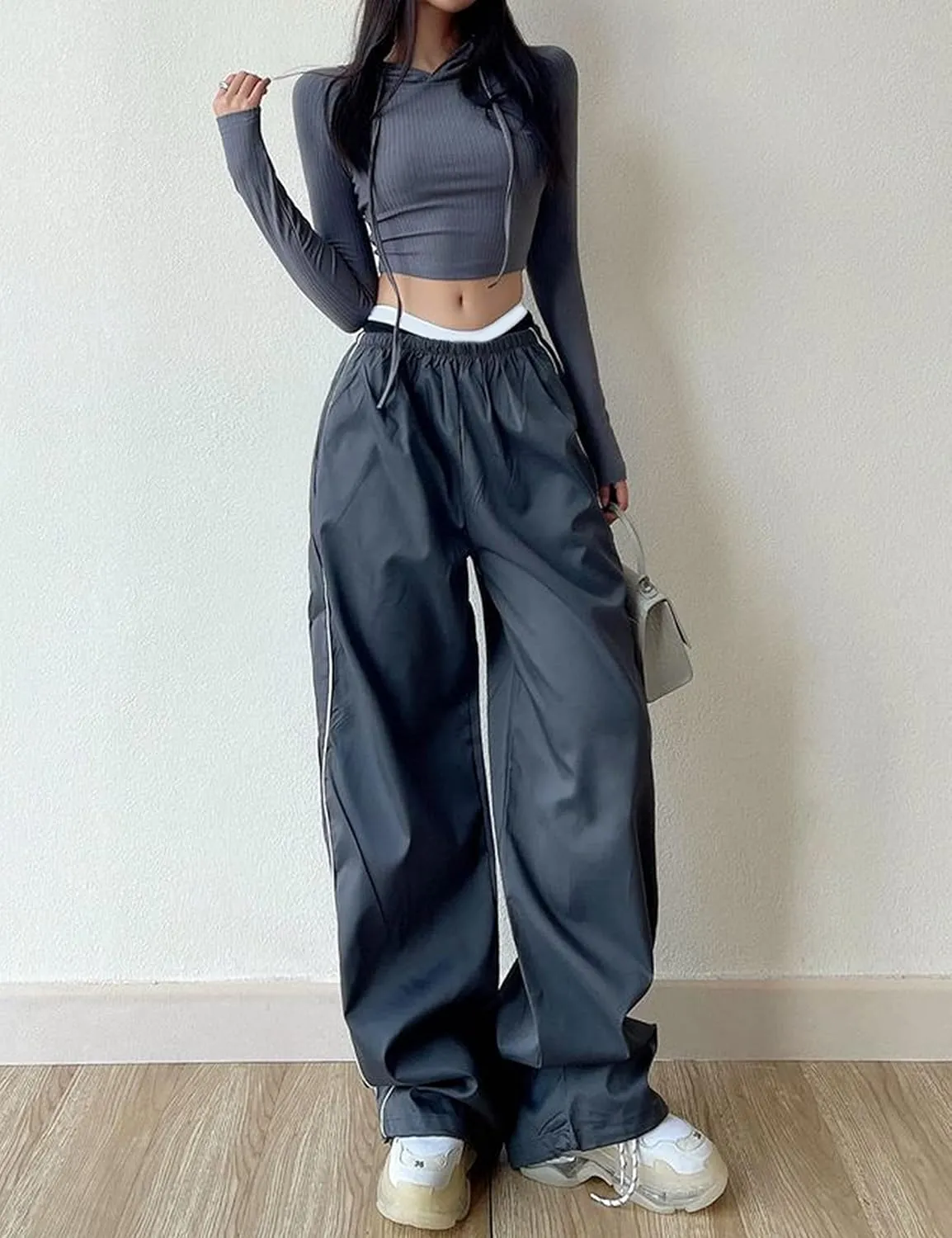 Women's Parachute Pants Baggy Track Y2K Black Elastic Waist Wide Leg Trousers